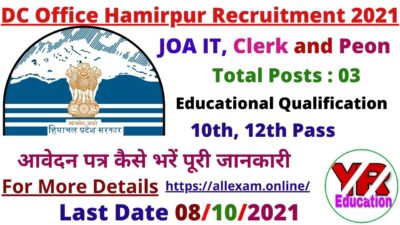 DC Office Hamirpur Recruitment 2021 Apply for the post of JOA, Clerk & Peon