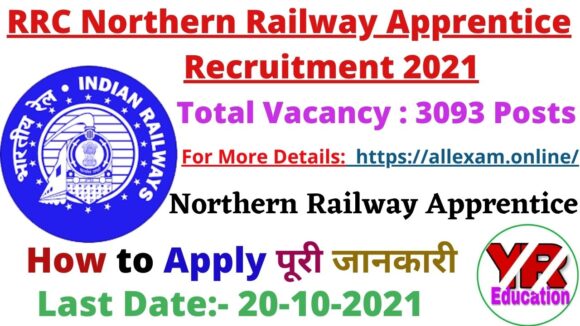 Northern Railway New Apprentice Recruitment 2021 -Apply Online for 3093 Vacancy | उत्तर रेलवे नई अपरेंटिस भर्ती 2021