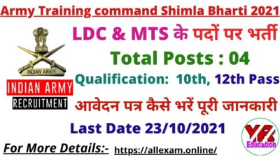 HQ ARTRAC Shimla Clerk Recruitment 2021- Apply Offline for LDS & MTS 04 Posts