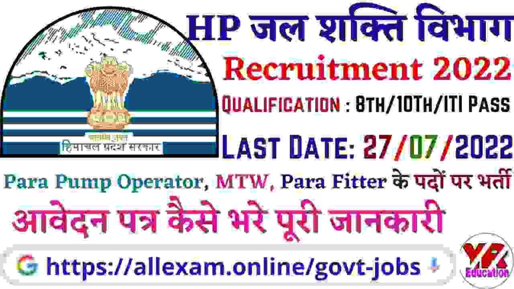 Jal Shakti Division Indora Para Fitter, Pera Pump Operator & MTW Posts Recruitment 2022