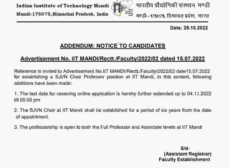 IIT Mandi SJVN Chair Professor Recruitment 2022