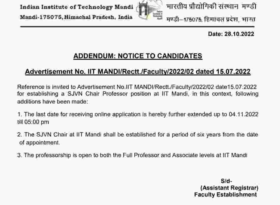 IIT Mandi SJVN Chair Professor Recruitment 2022