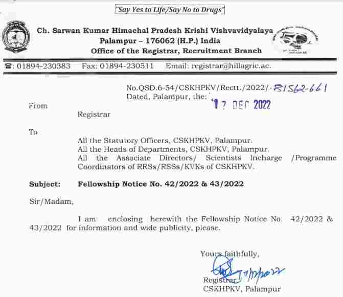 CSKHPKV Palampur Junior Research Fellow & Project Associate-I Recruitment 2022