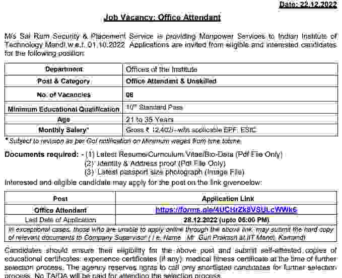 IIT Mandi Office Attendant Recruitment 2022