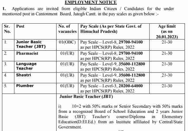 Cantonment Board, Jutogh Cantt (Shimla) JBT, LT & other Posts Recruitment 2022