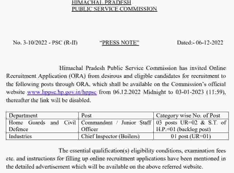 HPPSC Shimla Commandant / Junior Staff Officer Recruitment 2022(Official Notification & Apply Online) | HPPSC Shimla Commandant / Junior Staff Officer Jobs Notification & Apply Online 2022