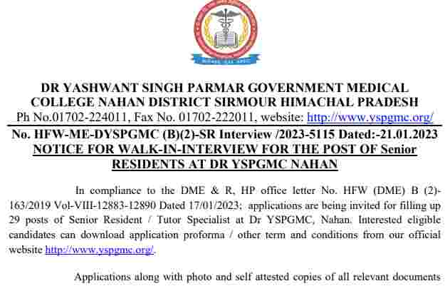 YSPGMC Nahan Recruitment 2023 - Apply Online for Sr. Resident/Tutor Specialist Vacancies