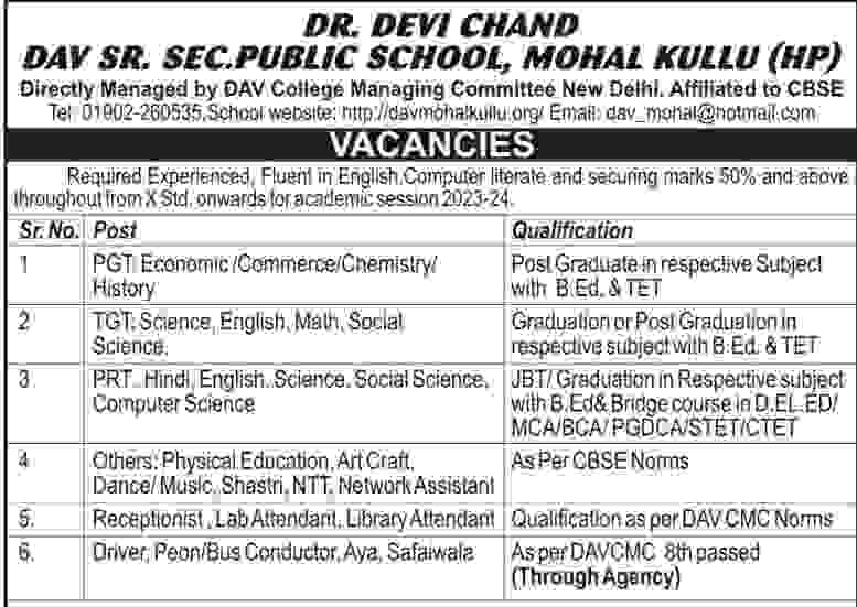 DAV Mohal (Kullu) Driver, Peon, TGT & Other Posts Recruitment 2023 | DAV Mohal (Kullu) Driver, Peon, TGT & Other Posts Jobs Notification & Online application form 2023