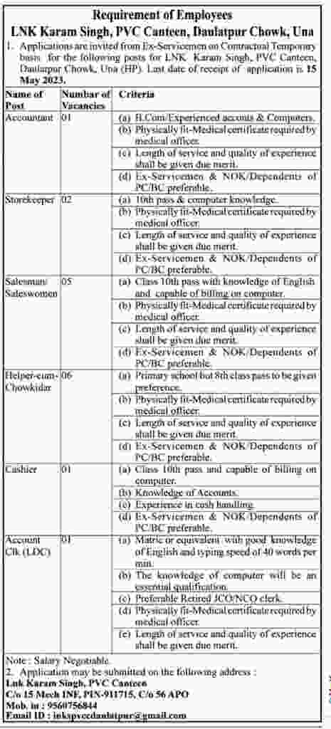 PVC Canteen Daulatpur Chowk Una Recruitment 2023