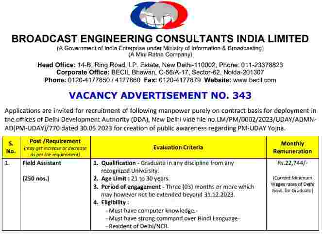 BECIL Field Assistant Recruitment 2023