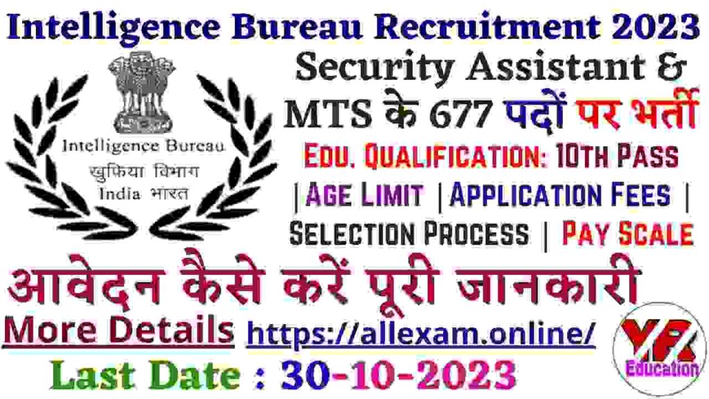 Intelligence Bureau Recruitment 2023 – Apply Online for Security Assistant & MTS 677 Posts